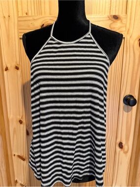 Lush Women’s Black & White Striped Halter Tank Top, size L
